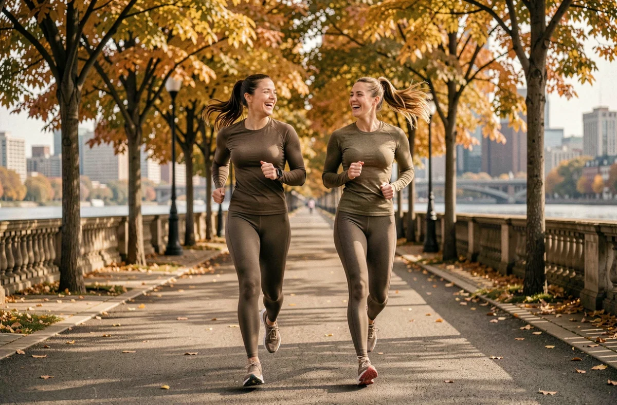 Deux femmes faisant du jogging ensemble sur un chemin arboré en bord de rivière en automne dans une ville moderne