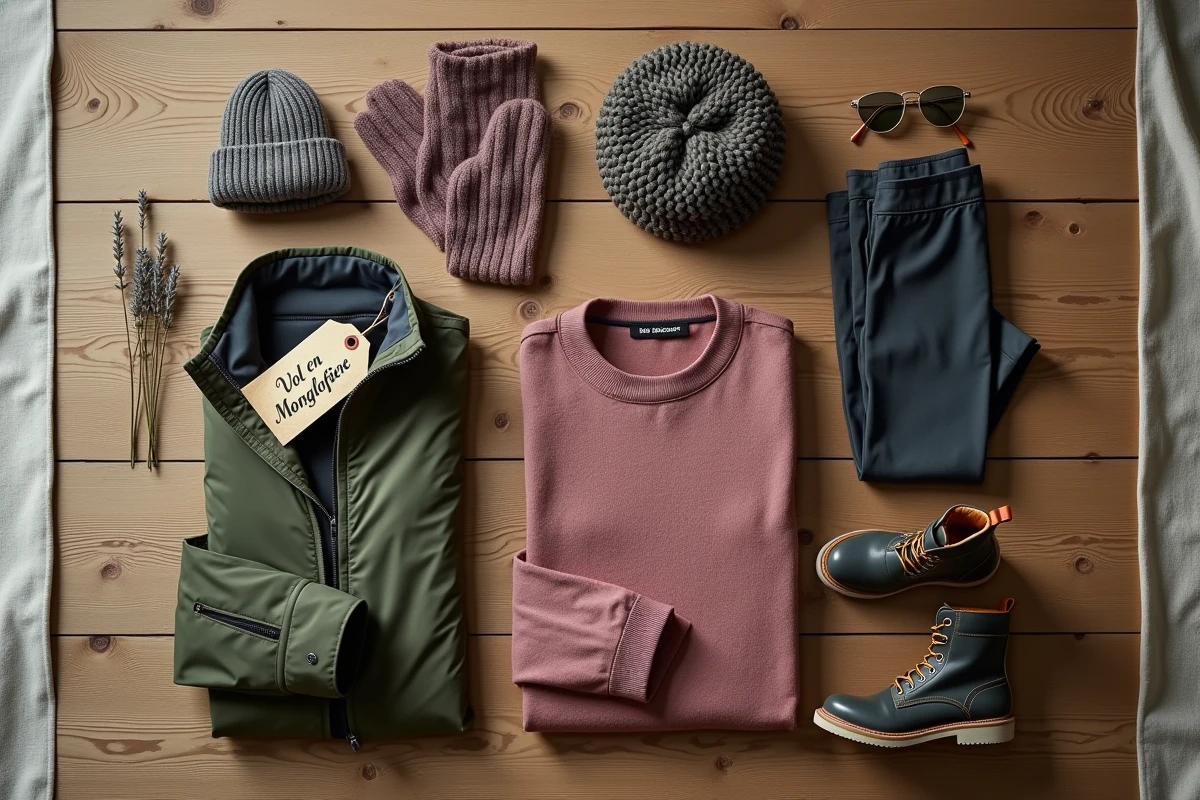 Flat-lay éditorial d'une tenue complète recommandée pour un vol en montgolfière en Turquie incluant vêtements chauds, accessoires et chaussures de randonnée