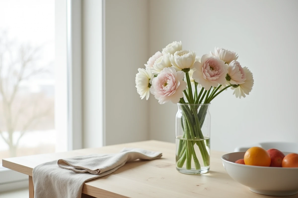 Bouquet de fleurs fraîches blanches et roses dans un vase en verre posé sur une table en bois naturel épuré