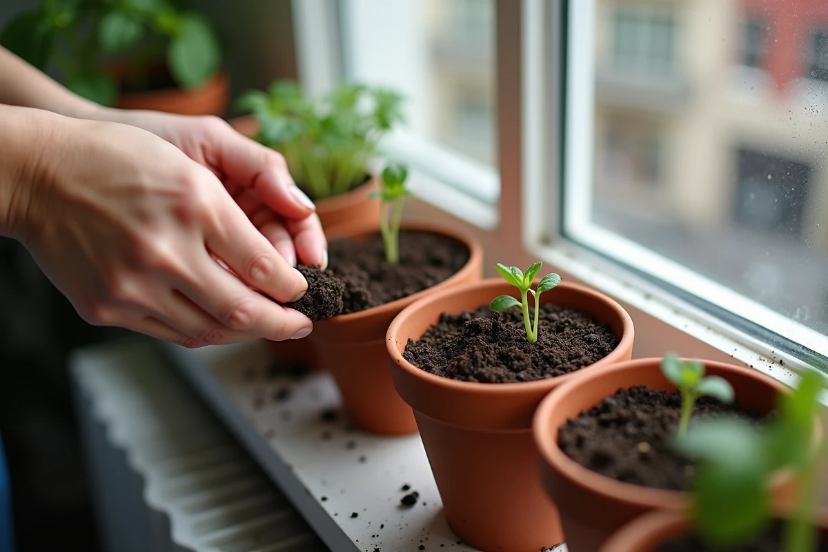Mains semant des graines dans des pots en terre cuite alignés sur un rebord de fenêtre ensoleillé