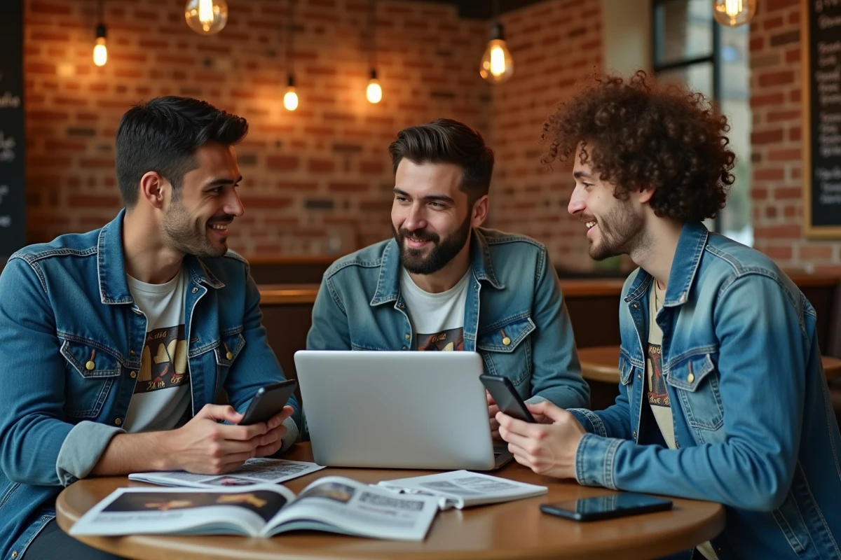 Groupe d'amis passionnés de culture geek discutant des dernières tendances tech autour d'un café urbain