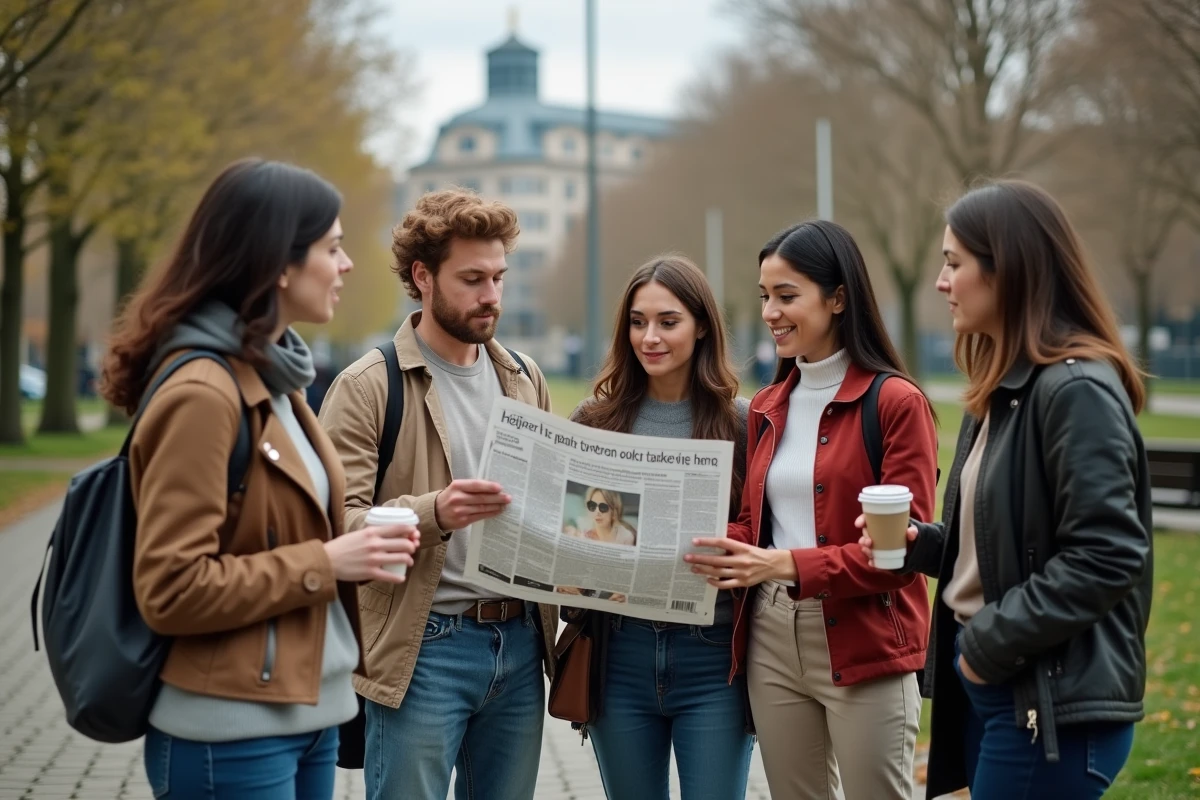 Groupe de personnes discutant dans un parc urbain en plein air