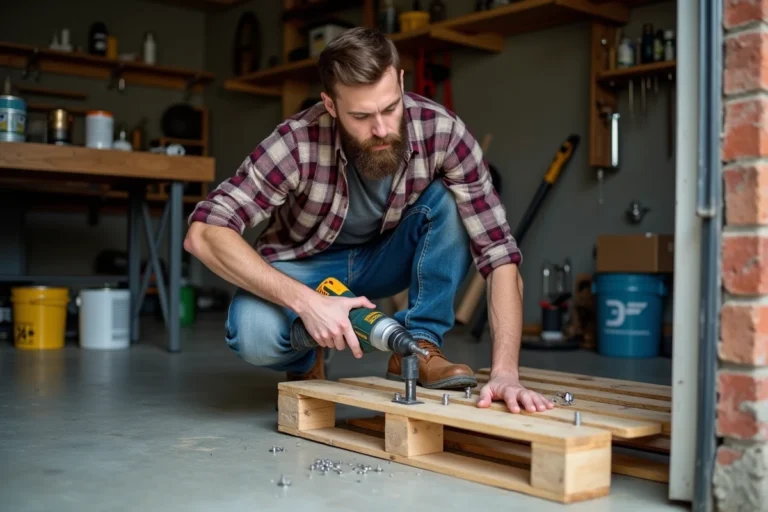 Homme avec barbe utilisant une perceuse sur palette en atelier