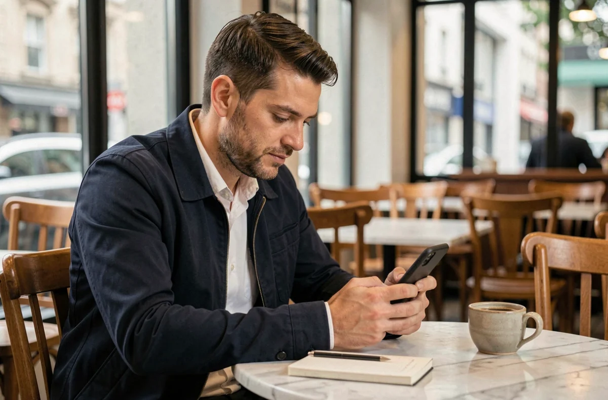 Homme consultant une application de chat anonyme sur son smartphone dans un café