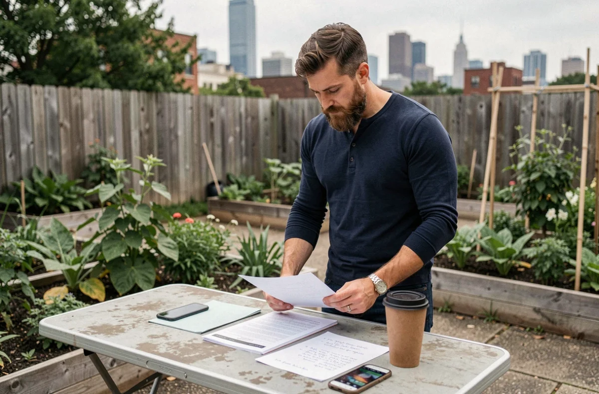 Homme travailleur indépendant consultant des documents dans un jardin urbain communautaire avec vue sur la ville en arrière-plan
