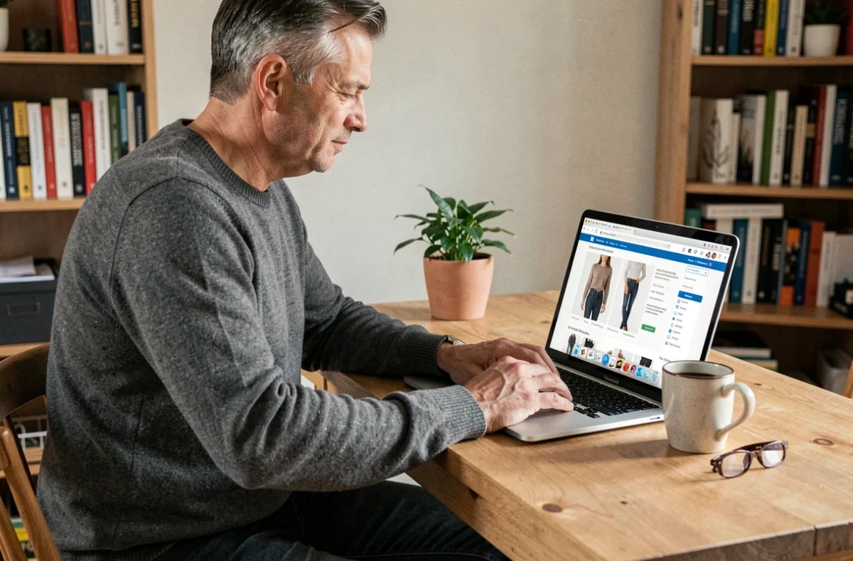 Homme naviguant sur le plan du site Marina Mode depuis un ordinateur portable à domicile