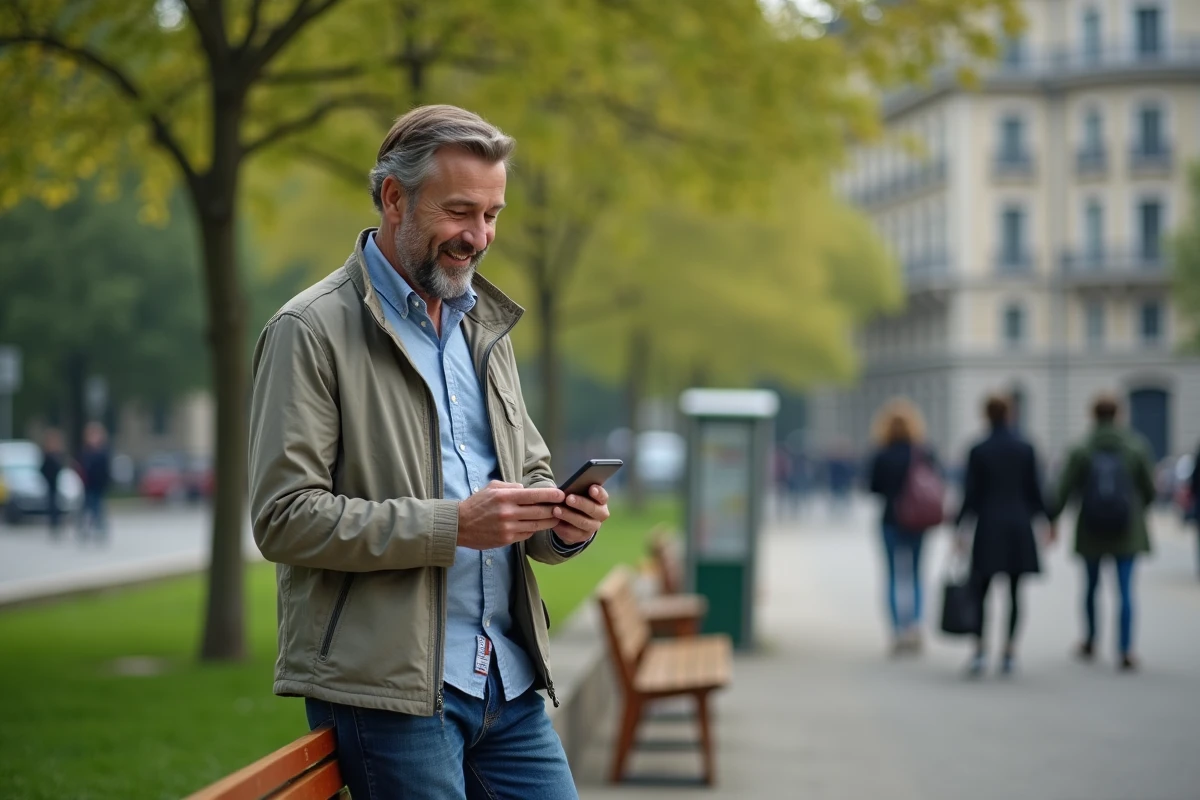 Homme en plein air configurant sa boîte mail Laposte sur son téléphone