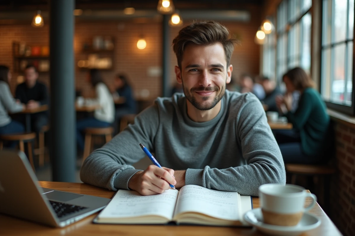 Homme planifiant le contenu de son blog professionnel dans un café avec un carnet et un ordinateur portable