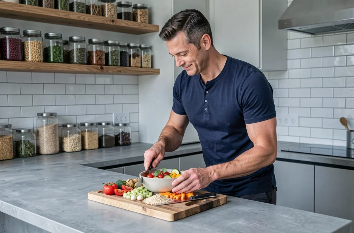 Homme préparant un bol nutritif de légumes frais et de céréales complètes dans une cuisine moderne