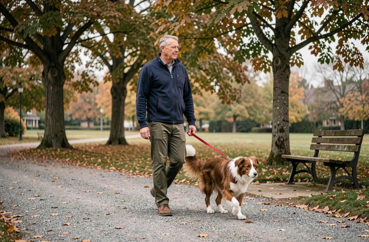 Homme se promenant doucement avec son border collie en laisse rouge sur un chemin de parc en automne, représentant l'exercice adapté après une splénectomie chez le propriétaire de chien