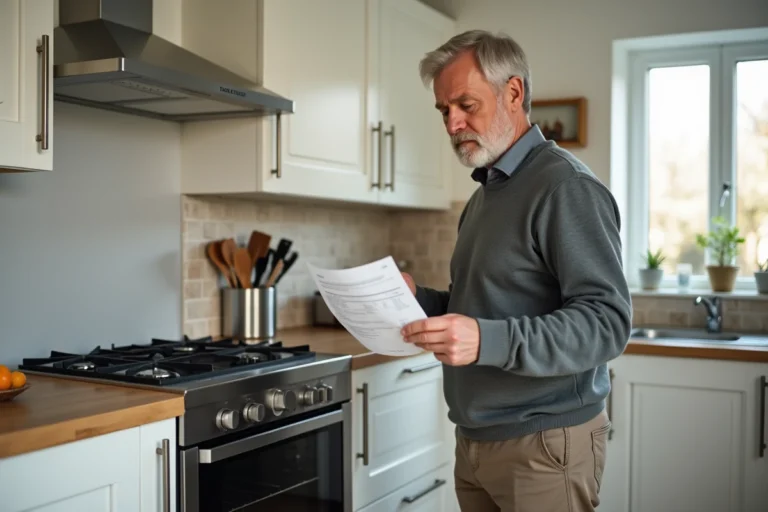 Homme d'âge moyen dans une cuisine moderne avec facture de réparation