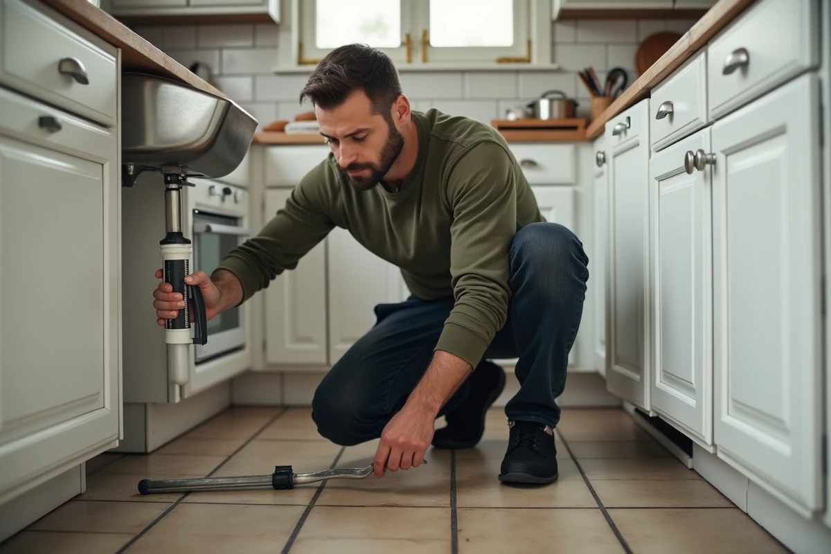 Homme en train de réparer et jointoyer le bas d'un évier de cuisine avec un pistolet à mastic