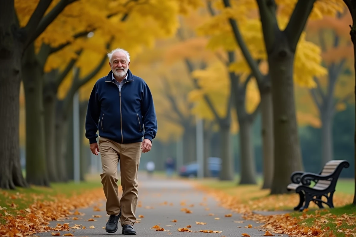Homme senior actif se promenant dans un parc en automne, illustrant un mode de vie épanouissant à la retraite