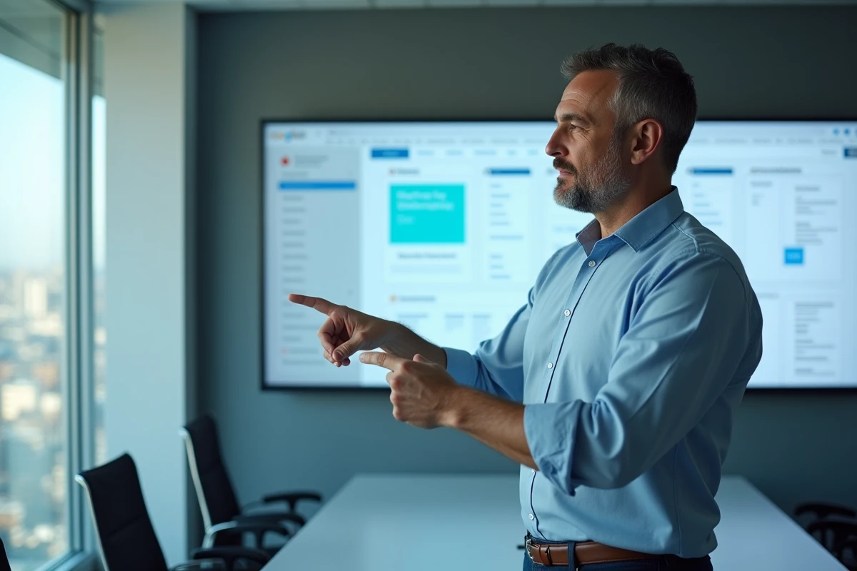 Homme pointant un sitemap sur un grand écran dans un bureau moderne