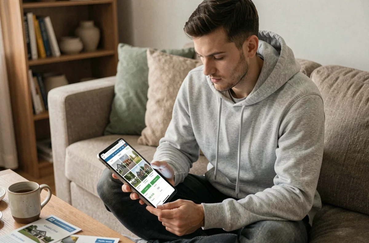 Jeune homme comparant des offres de crédit immobilier sur une tablette dans son salon