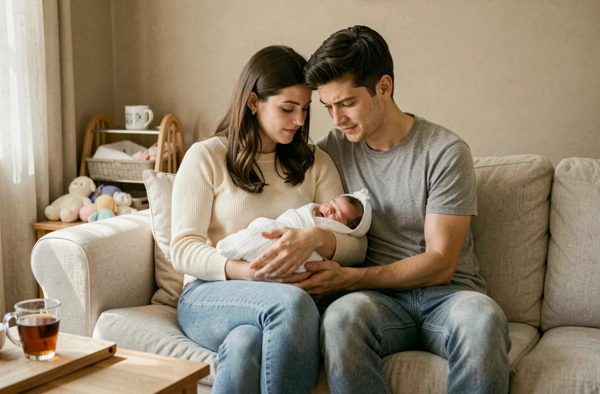 Jeune couple de nouveaux parents assis sur un canapé, tenant tendrement leur nouveau-né dans un cocon douillet à la maison