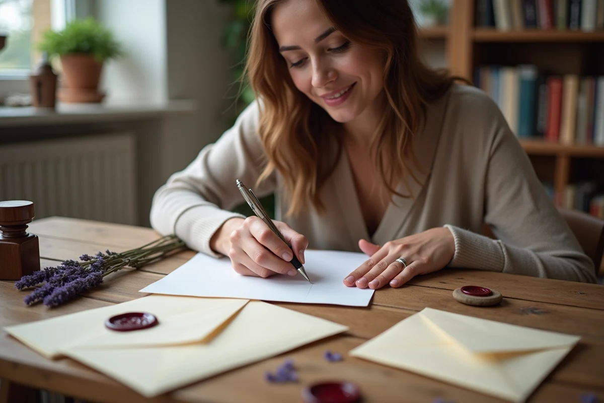 Femme écrivant une lettre manuscrite à la plume entourée d'un kit de papeterie avec cire à cacheter et enveloppes crème