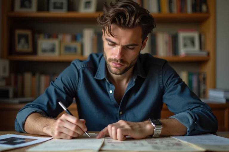 Jeune homme français consultant des documents de famille dans un bureau chaleureux, évoquant la recherche de ses origines et de son parcours personnel