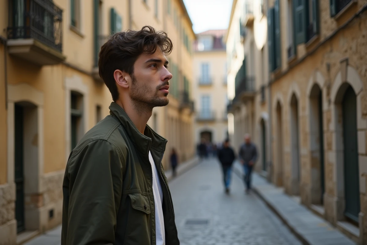 Jeune homme français se tenant dans une rue pavée d'une ville de province, contemplant son patrimoine architectural et ses racines culturelles