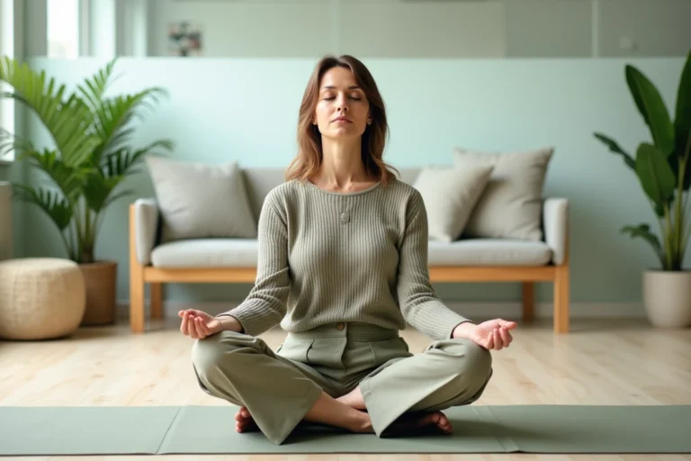 Femme professionnelle pratiquant la méditation dans une salle bien-être en entreprise