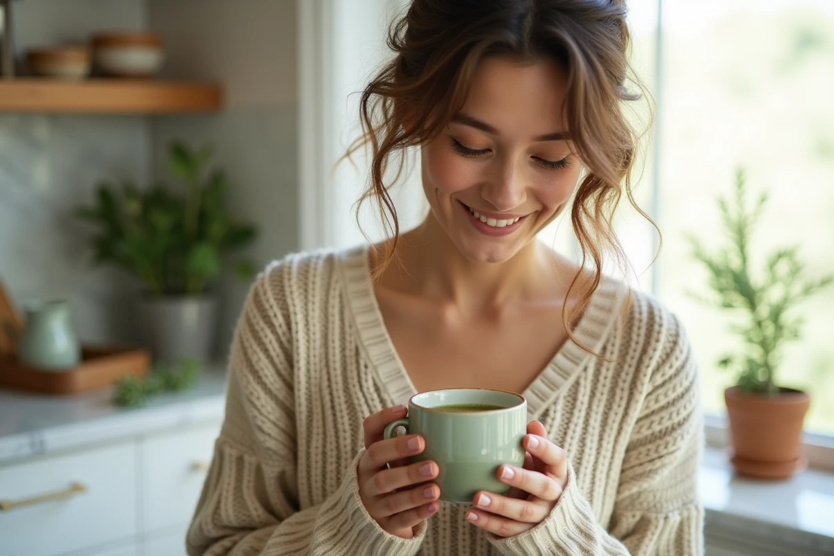 Femme savourant une boisson chaude dans une tasse en céramique artisanale lors d'un micro-moment de plaisir matinal