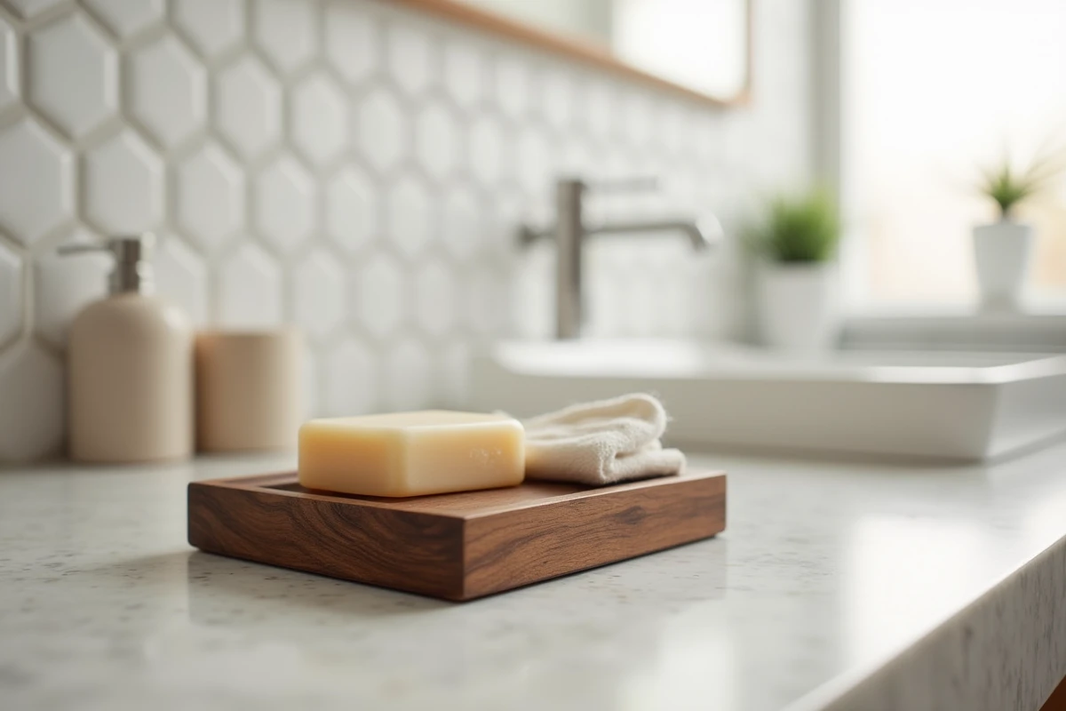 Porte-savon artisanal en bois de noyer fait main posé sur un comptoir de salle de bain en pierre, remplaçant le plastique