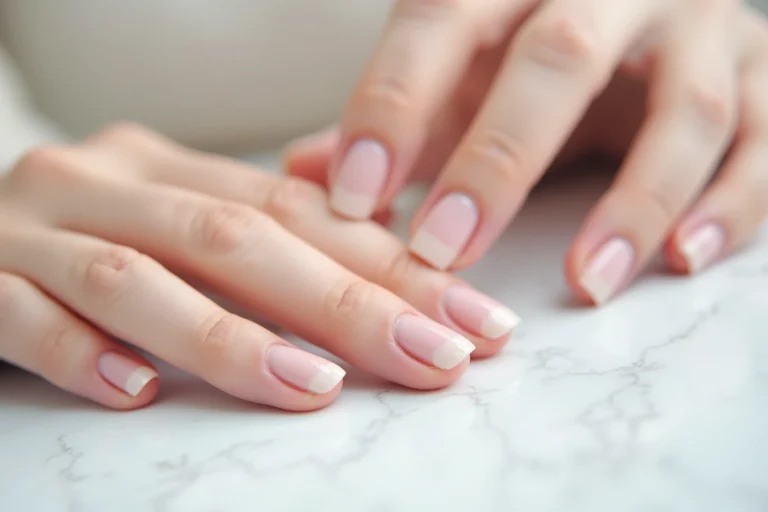 Ongles blancs et décolorés après retrait d'un vernis semi-permanent sur une main de femme posée sur marbre blanc