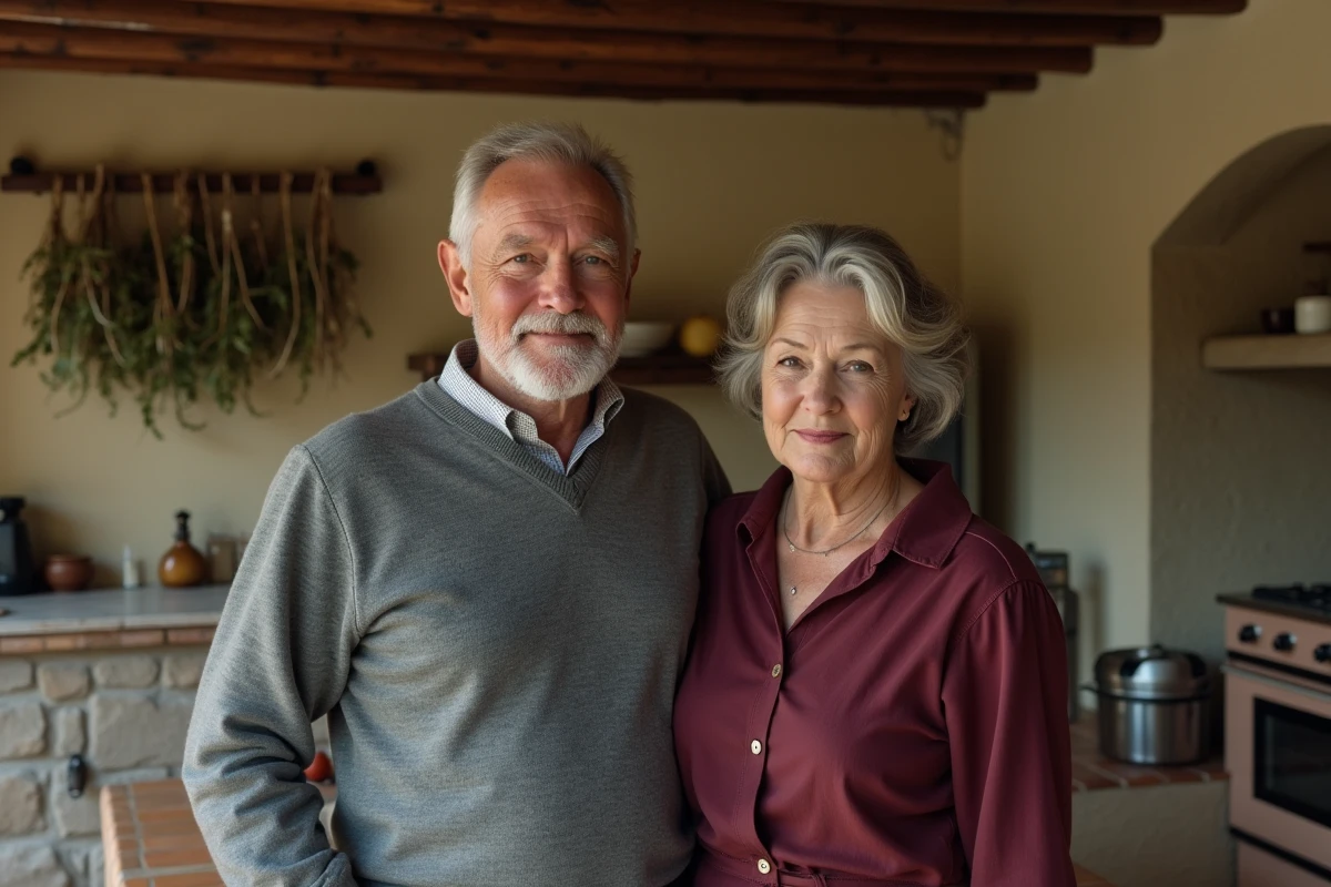 Couple de parents français dans une cuisine provinciale traditionnelle, représentant les influences familiales et culturelles transmises à leurs enfants