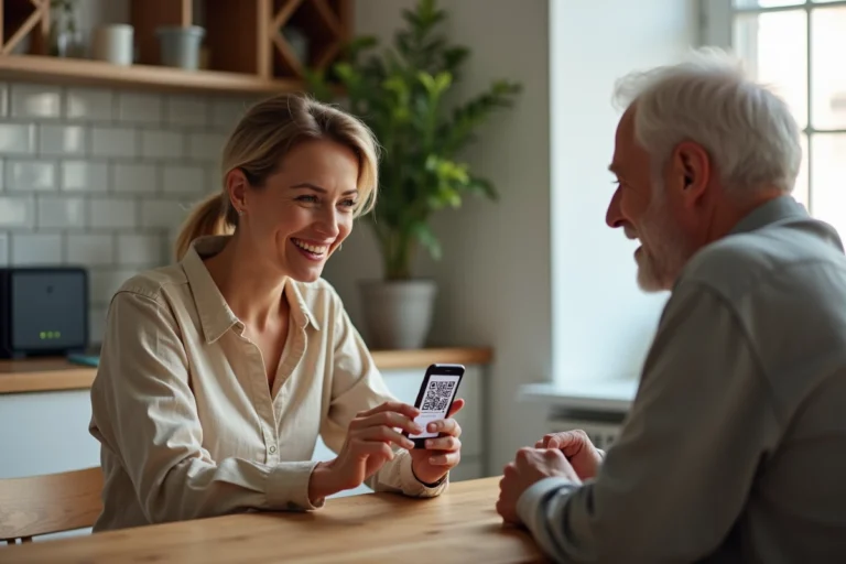 Une femme montre un QR code wifi Bbox sur son smartphone à un homme plus âgé dans une cuisine moderne