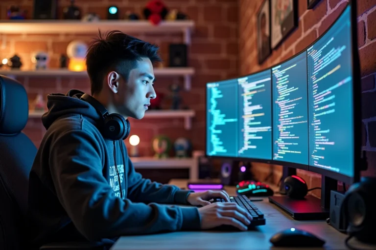 Jeune passionné de geek culture concentré sur ses dernières actualités tech devant un écran ultrawide dans un bureau gaming