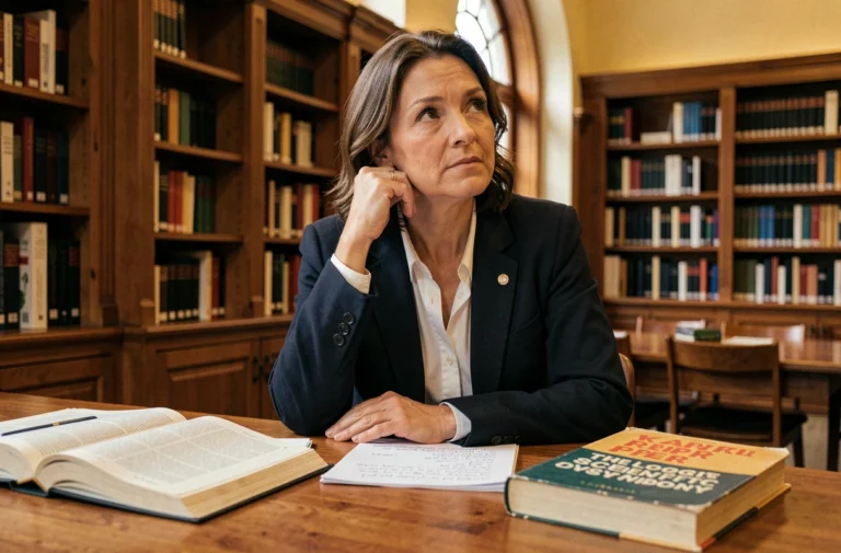Philosophe des sciences en réflexion dans une bibliothèque universitaire entourée de livres académiques