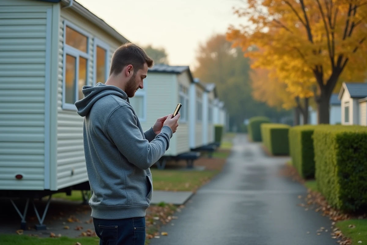 Homme photographiant le numéro de série du châssis d'un mobil-home dans un parc résidentiel pour en vérifier l'année