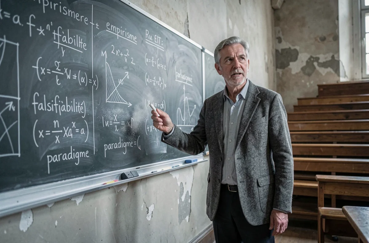 Professeur de philosophie des sciences devant un tableau rempli de formules et de concepts épistémologiques