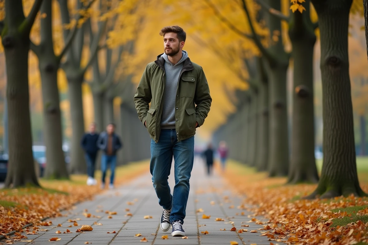 Homme se promenant seul sur un chemin de parc automnal sans téléphone ni écouteurs, les mains dans les poches