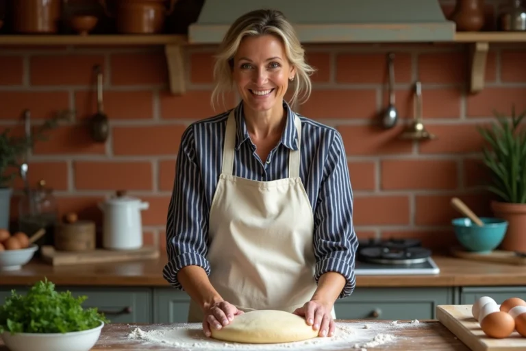 Femme préparant des pâtes fraîches maison sur un plan de travail en bois fariné dans une cuisine rustique
