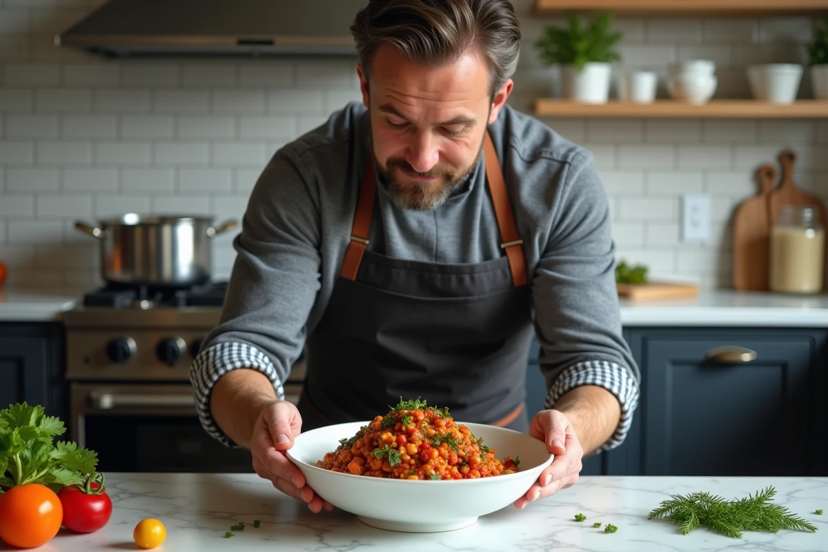 Homme dressant une ratatouille maison colorée dans un bol en céramique sur un îlot de cuisine en marbre