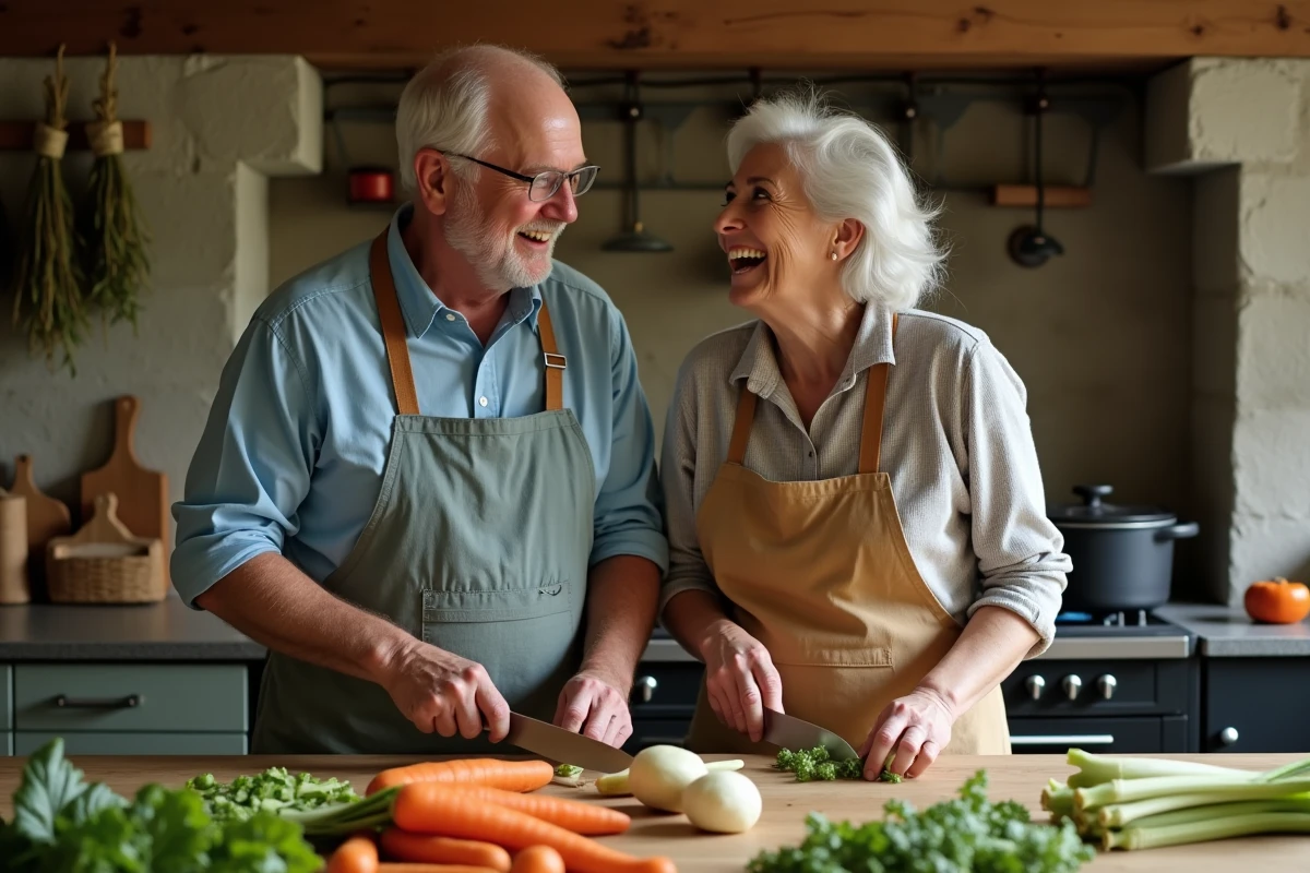 Couple préparant ensemble une soupe de légumes maison dans une cuisine de ferme conviviale et chaleureuse