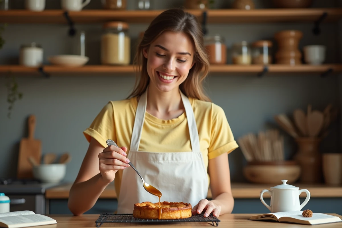 Jeune femme nappant une tarte tatin maison de caramel doré dans une cuisine chaleureuse de week-end