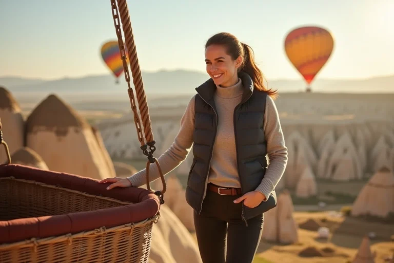 Femme habillée en tenue de voyage en couches superposées debout près d'un panier de montgolfière en Cappadoce, Turquie, avec les cheminées de fées en arrière-plan