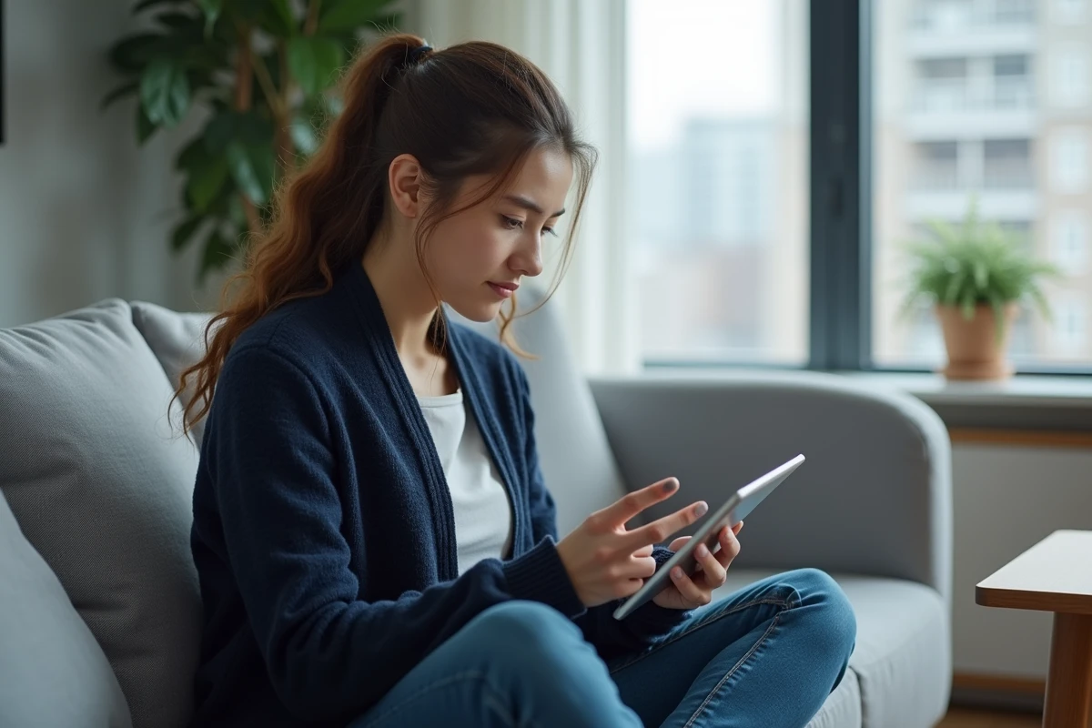 Jeune soignante utilisant une tablette pour se connecter à la messagerie Zimbra du CHU de Reims avec authentification sécurisée